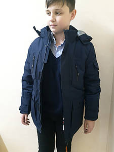 Зимова Термо Куртка подовжена пальто для хлопчика підліток синя 146 152 158