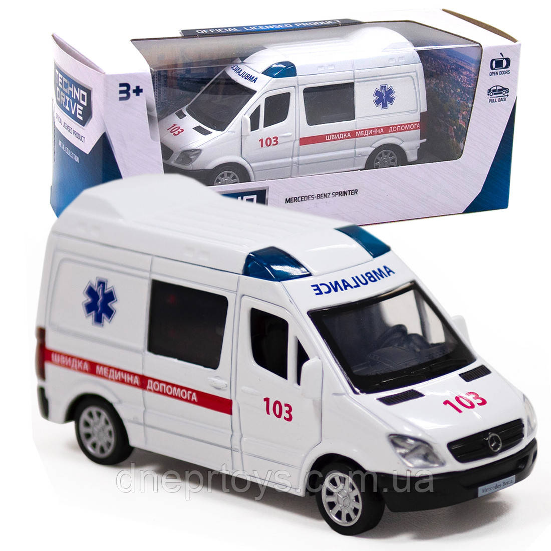 Машинка металева дитяча Mercedes-Benz Sprinter Швидка допомога, біла, відкриваються двері, інерція, 14,5*8*5,5см (250344U), фото 1
