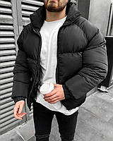 Зимняя мужская куртка черная без капюшона короткая, стеганый объемный теплый пуховик на зиму