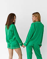 Женская пижама. Комплект Тройка (рубашка с длинным рукавом, штаны, шорты). Цвет зеленый.
