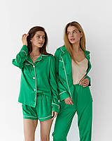Женская пижама. Комплект Тройка (рубашка с длинным рукавом, штаны, шорты). Цвет зеленый. L