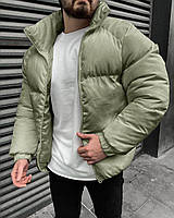 Зимняя мужская куртка хаки без капюшона короткая, стеганый объемный теплый пуховик на зиму