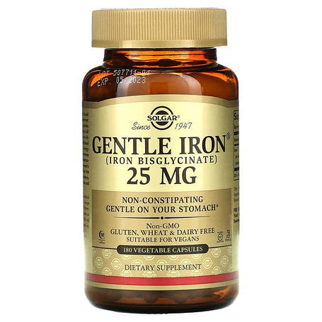 Залізо, Gentle Iron, Solgar, 25 мг, 180 вегетаріанських капсул, фото 1