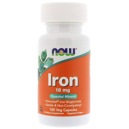 Залізо, Iron, Now Foods, 18 мг, 120 вегетаріанських капсул, фото 1