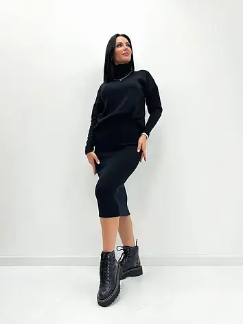 Жіночий теплий костюм з ангори зі спідницею та високим коміром чорний, фото 1