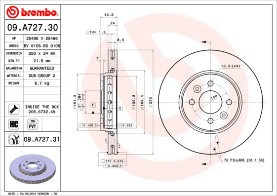Диск гальмивний MITSUBISHI OUTLANDER 2.0-2.4 03 - передн. (вир-во BREMBO) 09.A738.11 UA59, фото 1