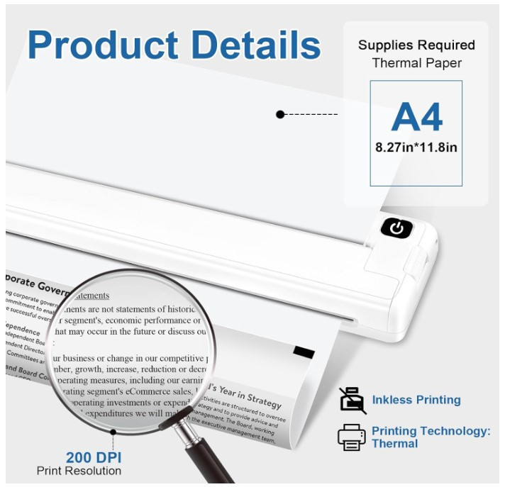 Мобильный мини-принтер формата А4 GuKKK, портативный термопринтер ...
