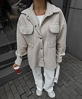 Женская теплая меховая рубашка оверсайз с карманами Бежевый, Oversize S-L
