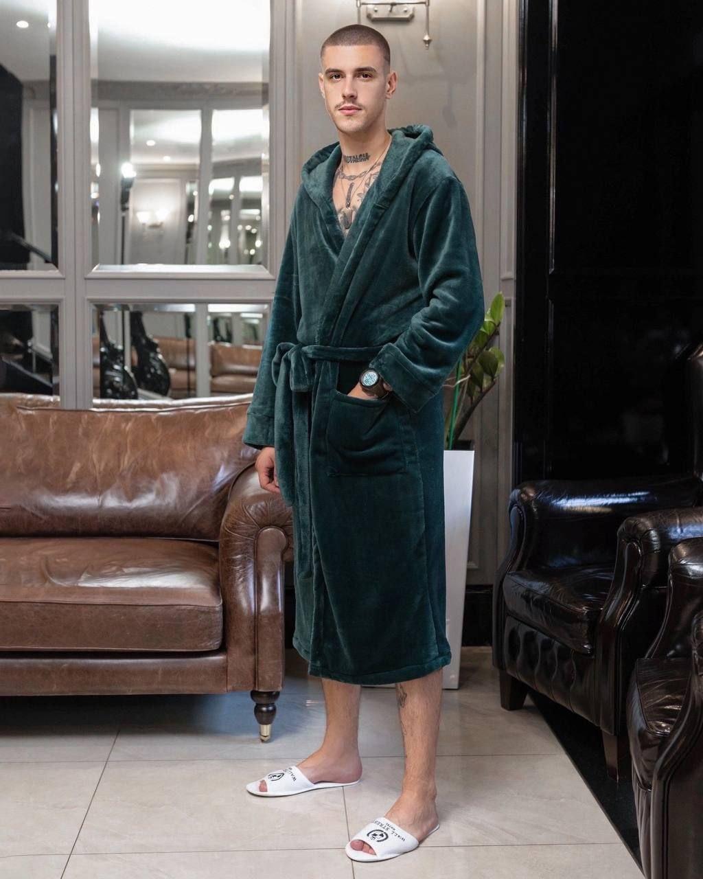 Турецький теплий чоловічий домашній махровий халат із заходом із кишенями тканина полірована махра-барвище смарагдовий, фото 1