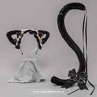 Набор 2в1: ободок кошачьи ушки + хвост, черный, аниме косплей, кот, карнавальный костюм / FS-2185