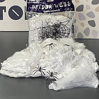 Павутиння декоративне на Хеллоувін, біле, велика, Паутина с паучками на хэллоуин