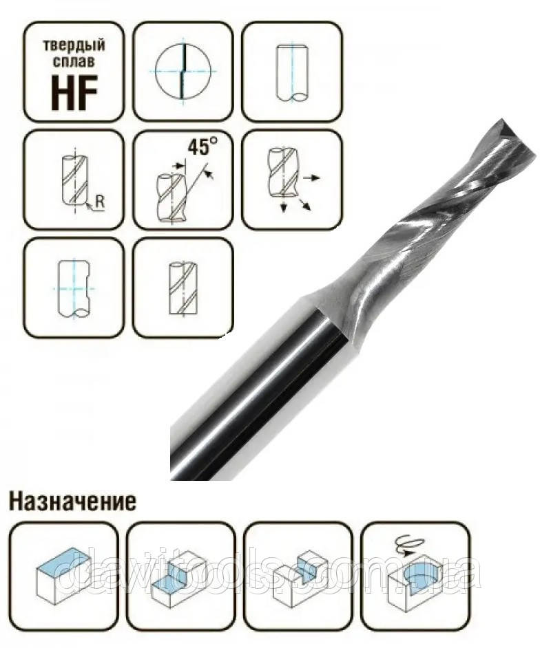 Фреза спіральна 2-зуба зі плоским торцем D6 d6 L60 h18 z2 Тип: LONG (5666018L-2)