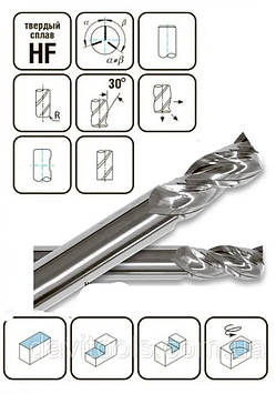 Фреза спіральна 3-зуба зі плоским торцем D3 d3 L40 h8 z3 Тип: Standart (533408S-3)
