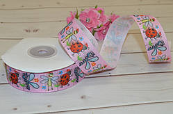 Репсова стрічка з малюнком Божа корівка рожева 2.5 см (бобіна 18 м).