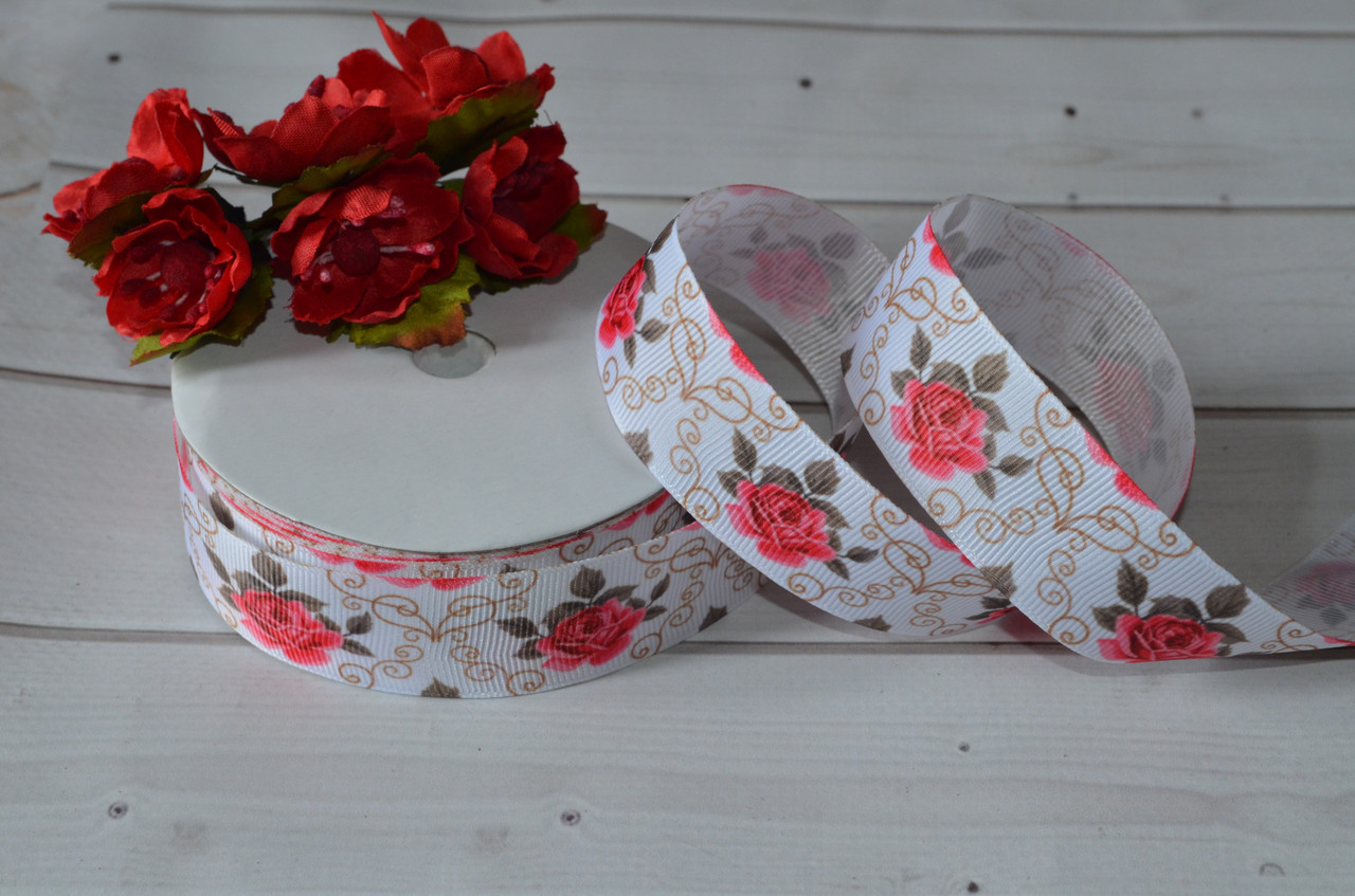 Репсова стрічка біла Яскраві троянди 2.5 см (бобіна 18 м)., фото 1