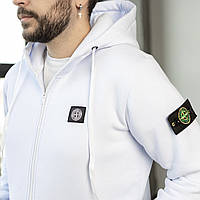 Толстовка мужская зимняя Stone Island на флисе с капюшоном белая | Кофта Худи Стон Айленд теплая с начесом