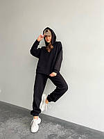 Черный теплый женский спортивный костюм осень-зима трехнитка на флисе: Штаны и Худи с капюшоном