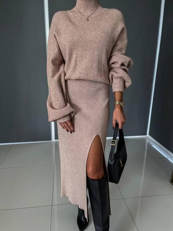Бежевий жіночий повсякденний базовий теплий м'який костюм-двійка з ангори в рубчик: Спідниця міді та Джемпер, фото 1