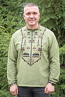 Вышиванка льняная мужская хаки, современная патриотическая рубашка с длинным рукавом