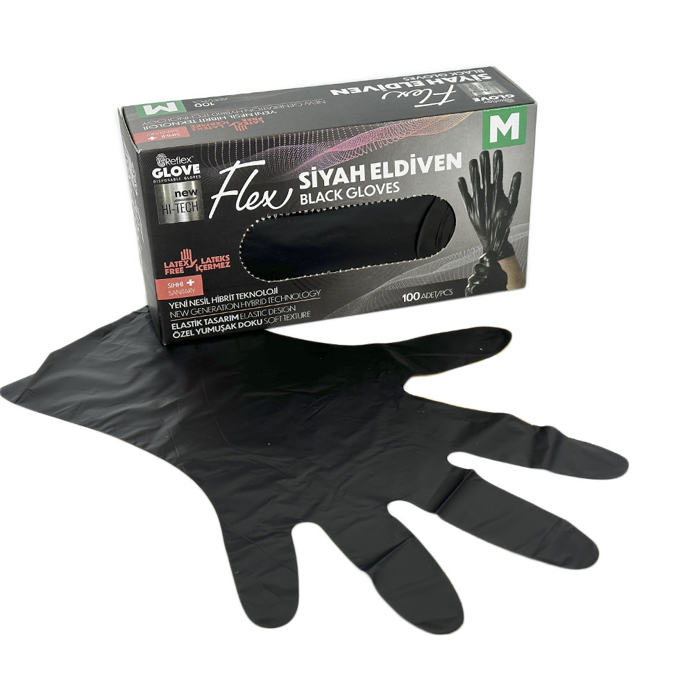 Одноразові нестерильні рукавички Flex, M, 100 шт, TPE, чорний, Reflex