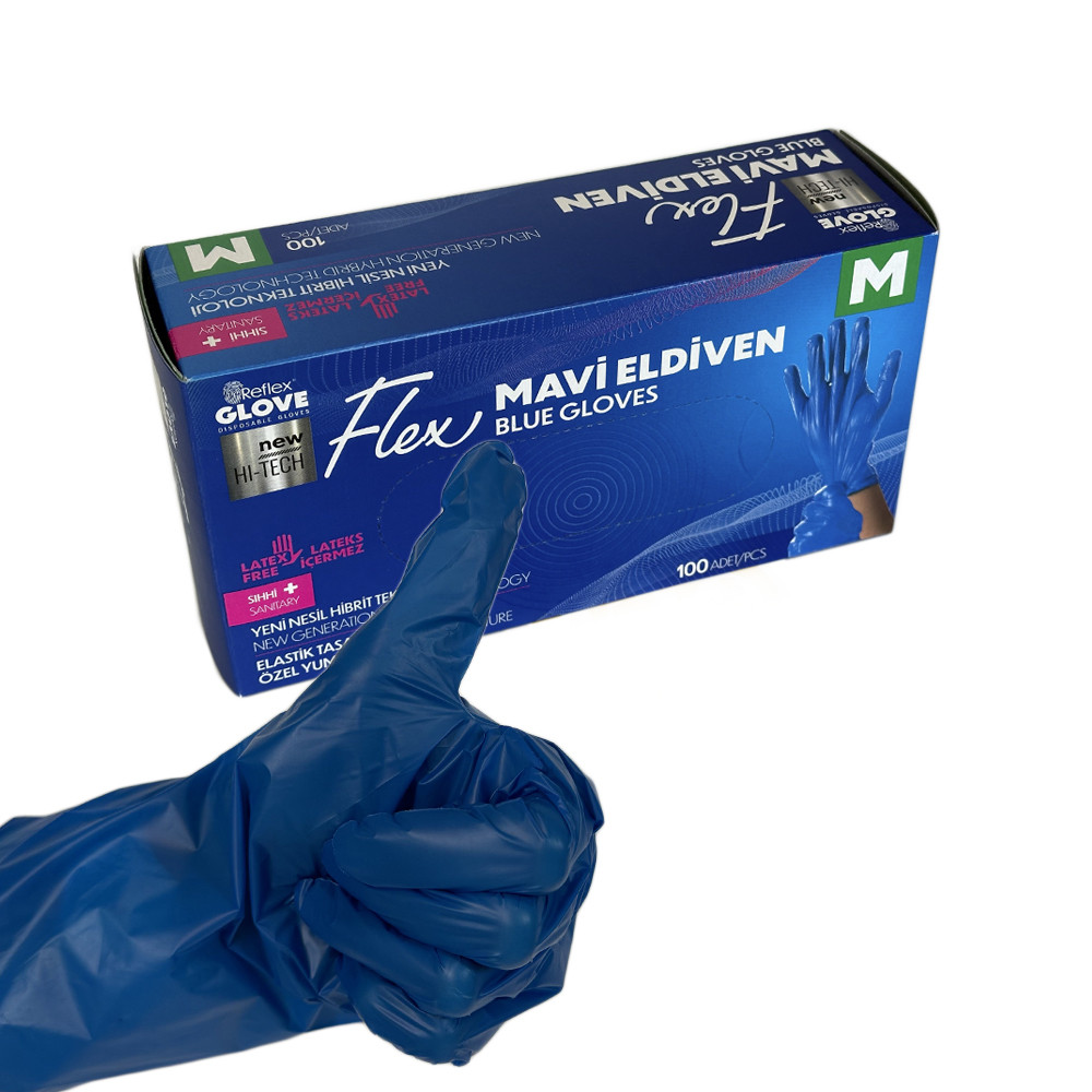 Одноразові щільні медичні рукавички Flex, M, 100 шт, TPE, синій, Reflex, фото 1