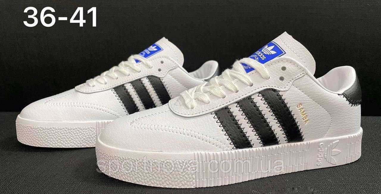 Жіночі кросівки демісезон на товстій підошві Adidas Samba шкіряні білі з чорним р 41(25.5), фото 1