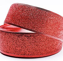 Стрічка новорічна глітер червона 38 мм