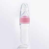 Бутылочка с ложкой силиконовая для кормления Розовая BLV14