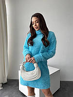 Женское платье свитер под горло фліс стильное трендовое теплое короткое длинный рукав голубой, беж, черный блакитний