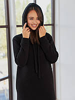 Платье - худи женское, теплое, из турецкой ткани на флисе, хлопковое, с капюшоном, однотонное, Черный, S