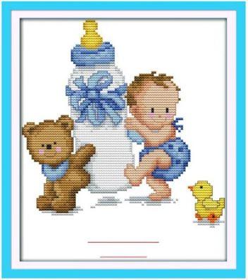 Набір для вишивання за нанесеною на канву схемою "Bottle Baby Birth (blue)". AIDA 14CT printed, 20*25 см