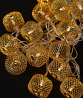 Светодиодная гирлянда с золотыми шариками "Колесо Фортуны", 20 LED, 5м + переходник, 220V, IP44, Теплый белый