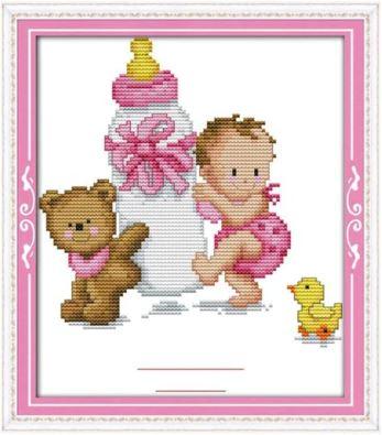 Набір для вишивання за нанесеною на канву схемою "Bottle Baby Birth (blue)". AIDA 14CT printed, 20*25 см