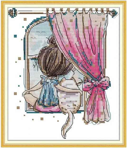Набір для вишивання за нанесеною на канву схемою "Little girl and cat". AIDA 14CT printed 19*22 см