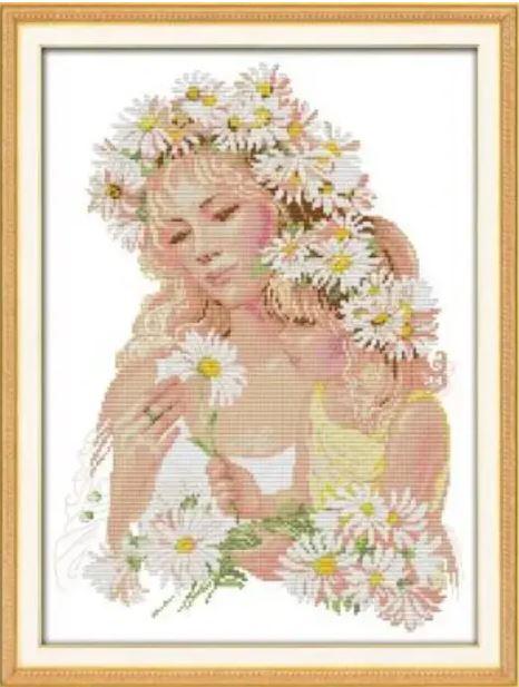 Набір для вишивання за нанесеною на канву схемою "Mother and daughter with flower". AIDA 14CT printed 36*47 см
