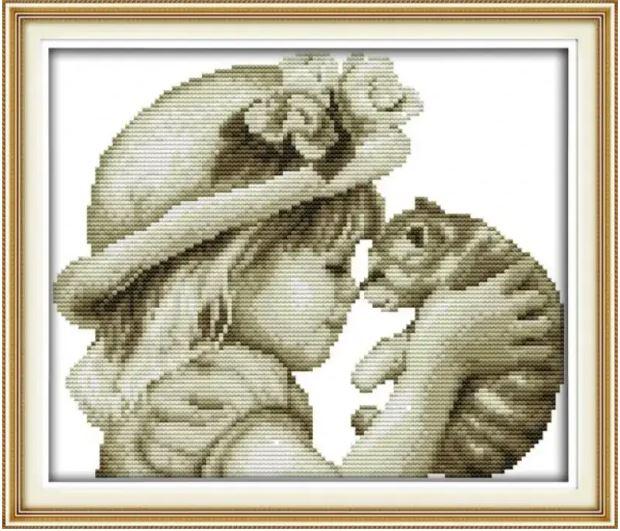 Набір для вишивання за нанесеною на канву схемою "Lovely girl and cat". AIDA 14CT printed, 29*26 см