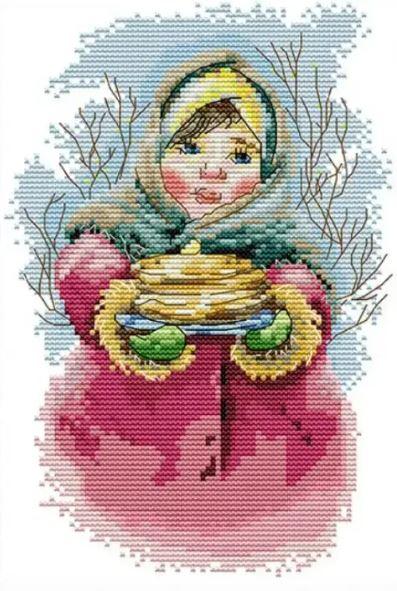 Набір для вишивання за нанесеною на канву схемою  "Girl holding food". AIDA 14CT printed, 19*29 см