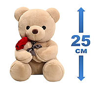 Мягкая игрушка мишка Тедди с розой коричневый 25 см