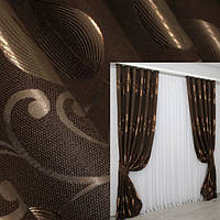 Готовые шторы из ткани лён "листя", цвет темно-коричневый. Код 368ш