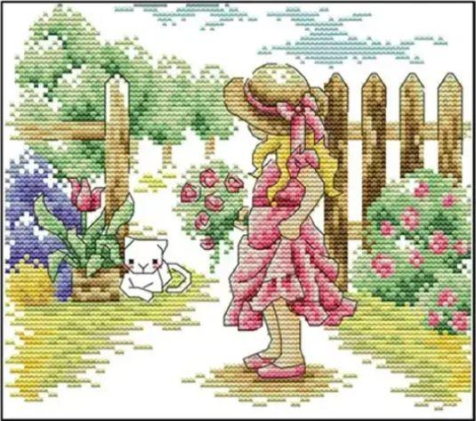 Набір для вишивання за нанесеною на канву схемою "The girl seeing a cat". AIDA 14CT printed, 26*21см
