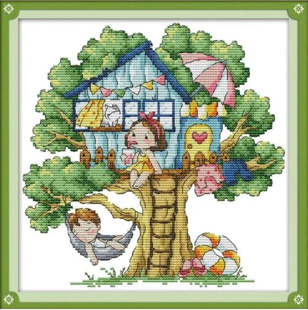 Набір для вишивання хрестиком за нанесеною на канву схемою"Summer tree house". AIDA 14CT printed, 27*27 см