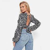 Поло I Saw It First Printed Tie Back Puff Sleeve Cropped Blouse WHITE ZEBRA Доставка від 14 днів - Оригинал