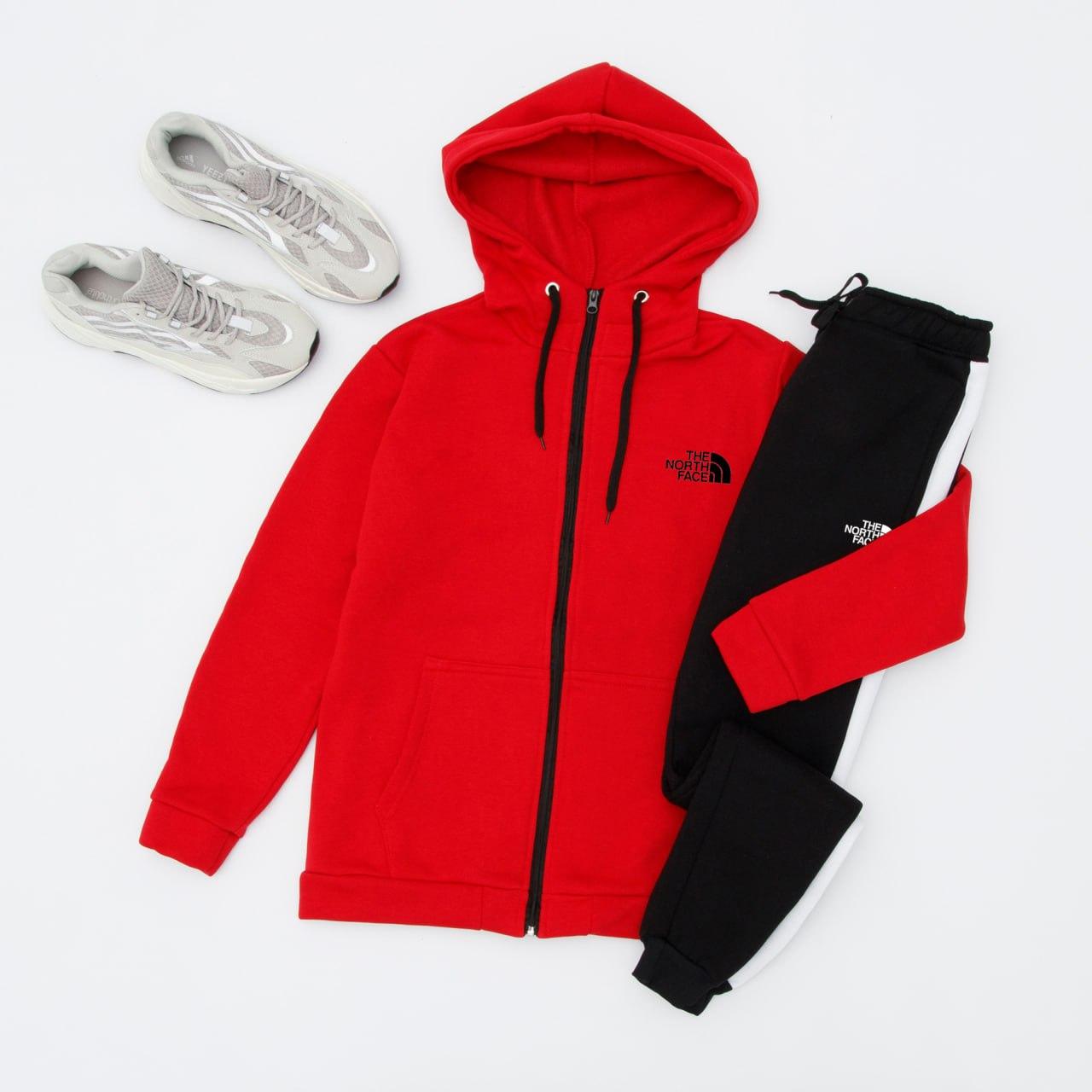 Теплий спортивний костюм чоловічий The North Face winter зимовий на флісі червоний Тнф кофта на блискавці штани Tnf зима з начосом, фото 1