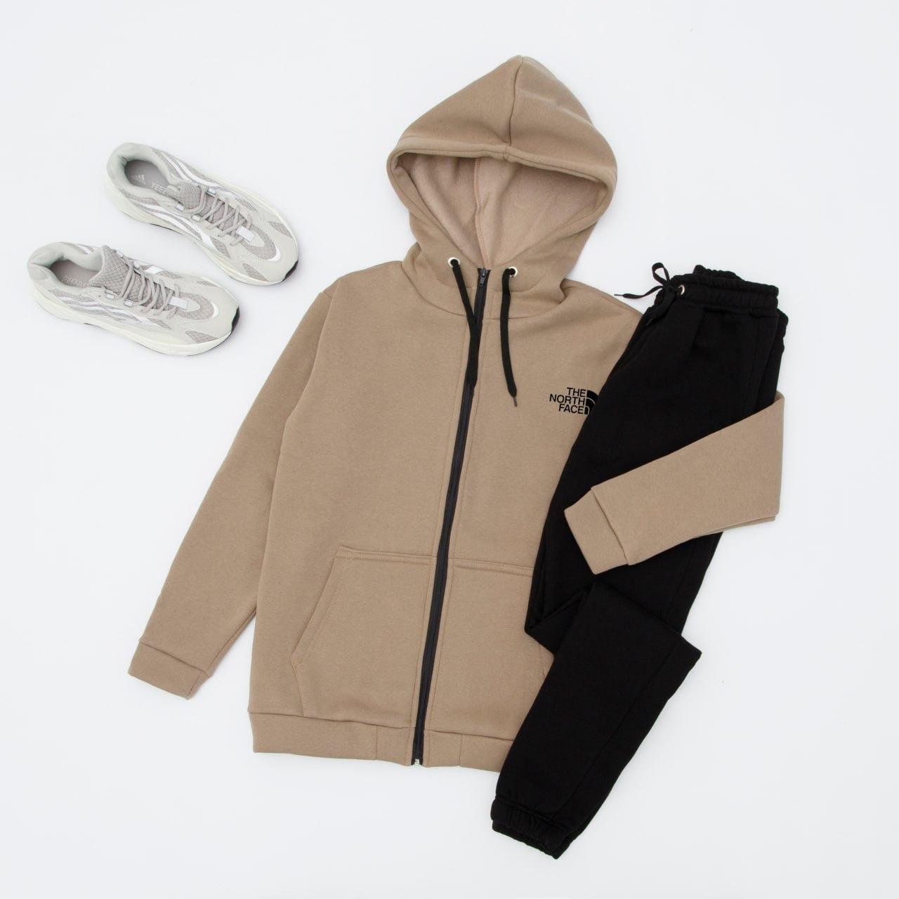 Теплий спортивний костюм чоловічий The North Face winter зимовий на флісі бежевий кофта на блискавці штани Tnf зима з начосом