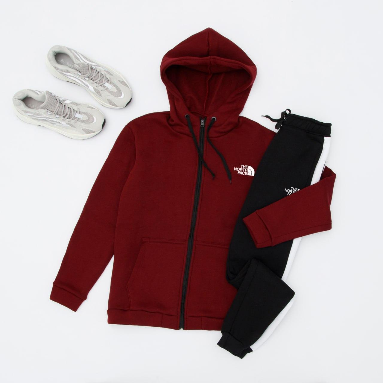 Теплий спортивний костюм чоловічий The North Face winter зимовий на флісі бордовий кофта на блискавці штани Tnf зима з начосом