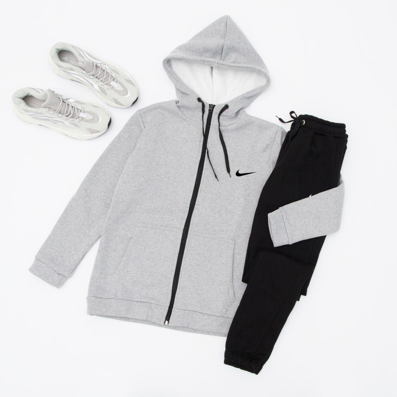 Зимовий спортивний костюм чоловічий Nike zipp fleece з начосом чорно-сірий толстовка на блискавці штани на флісі найк