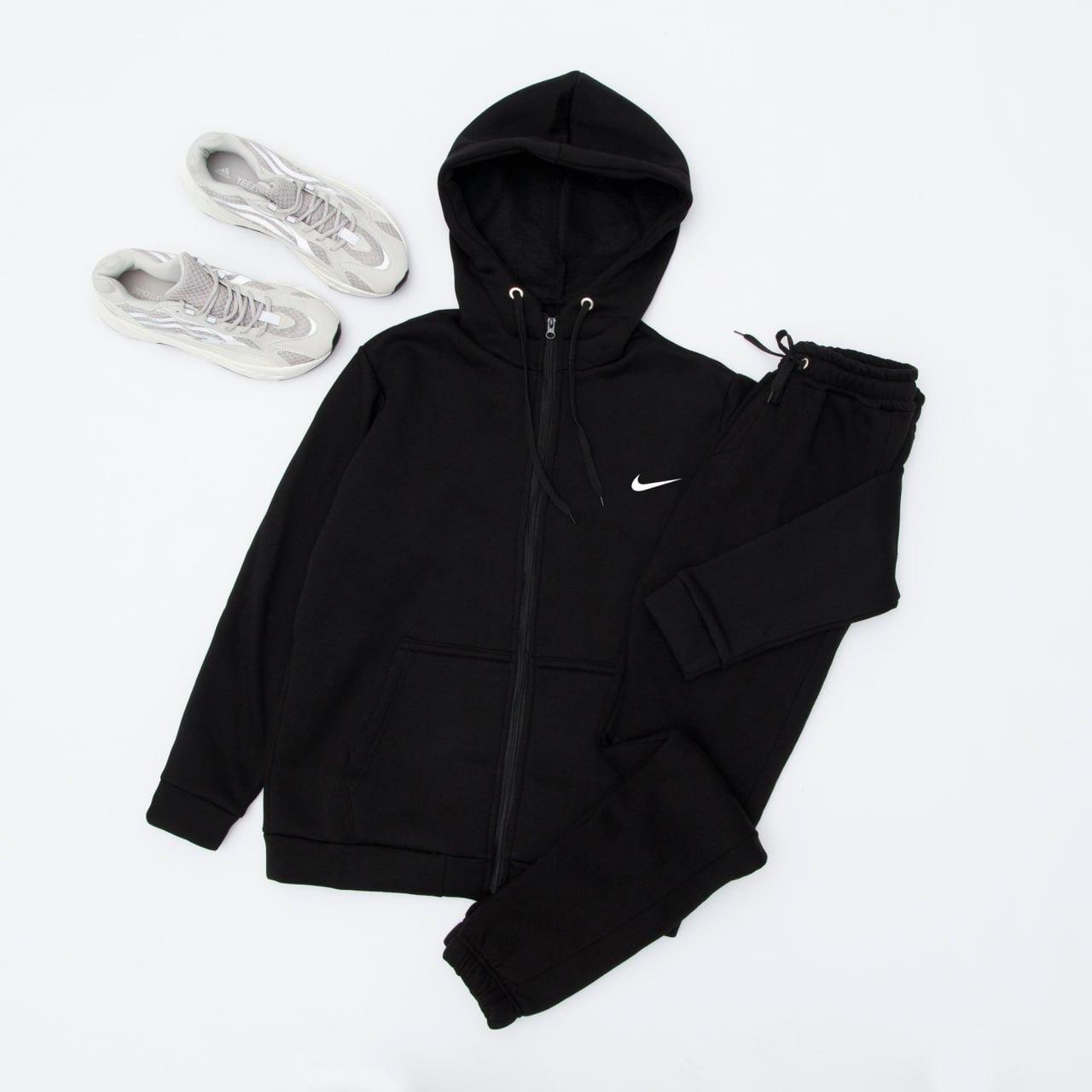 Зимовий спортивний костюм чоловічий Nike zipp fleece з начосом чорний толстовка на блискавці штани на флісі найк