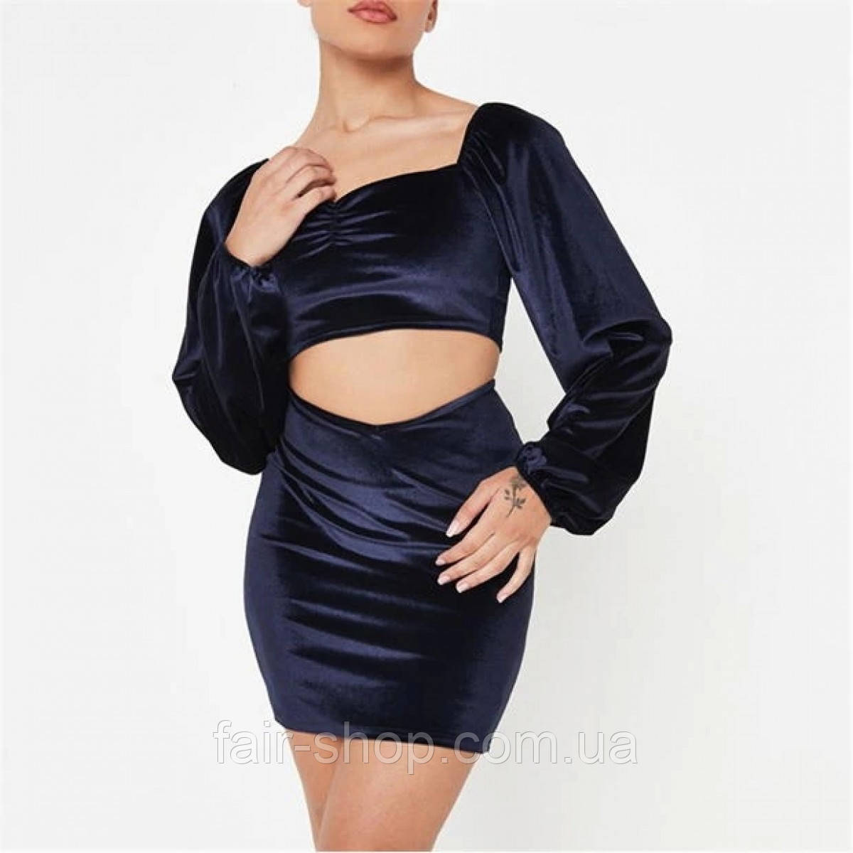 Missguided Petite Velvet Puff Sleeve Crop and Co Ord Set Navy