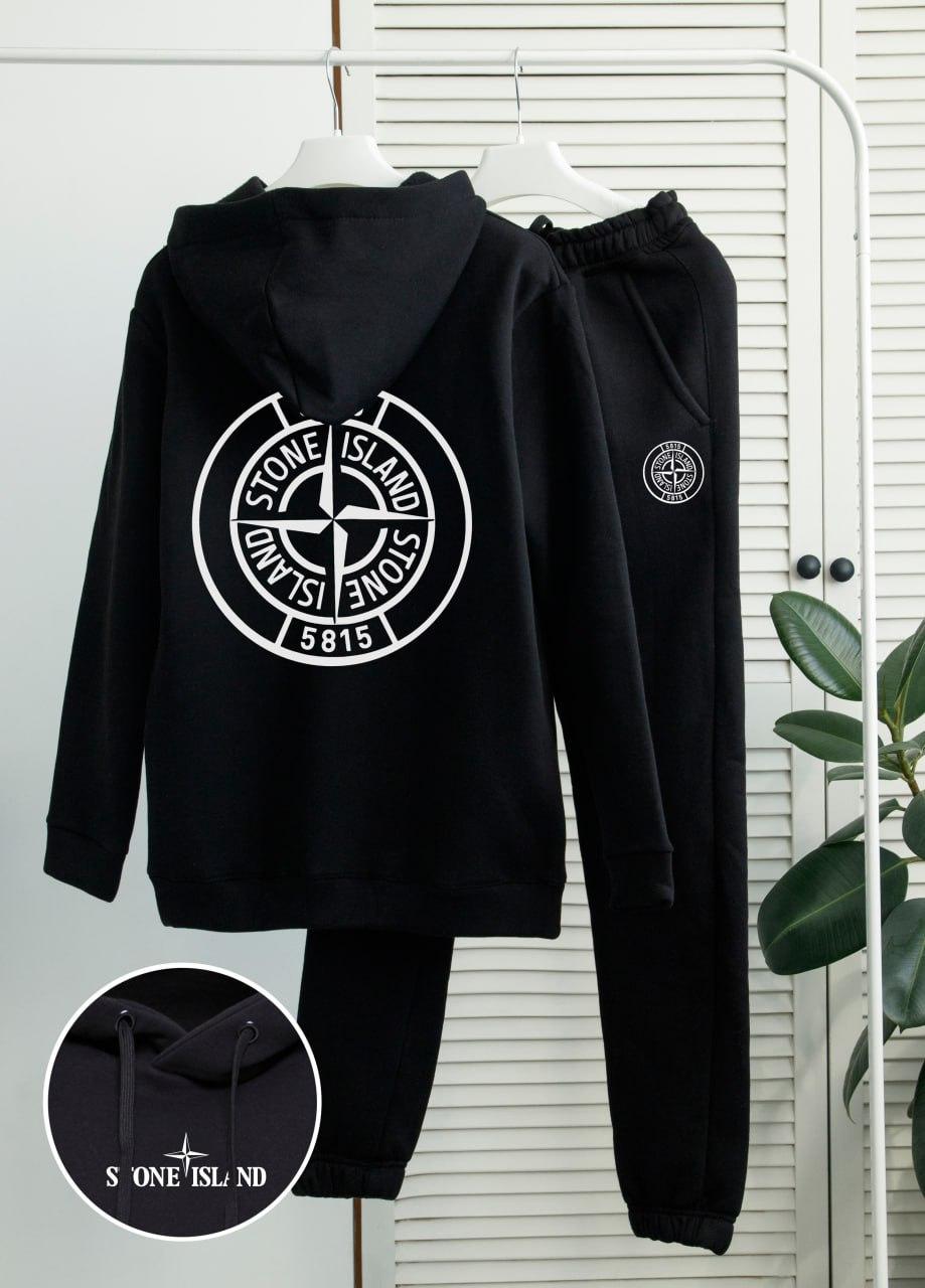Теплий спортивний костюм чоловічий stone island fleece зимовий на флісі чорний худі штани стоун айленд зима з начосом