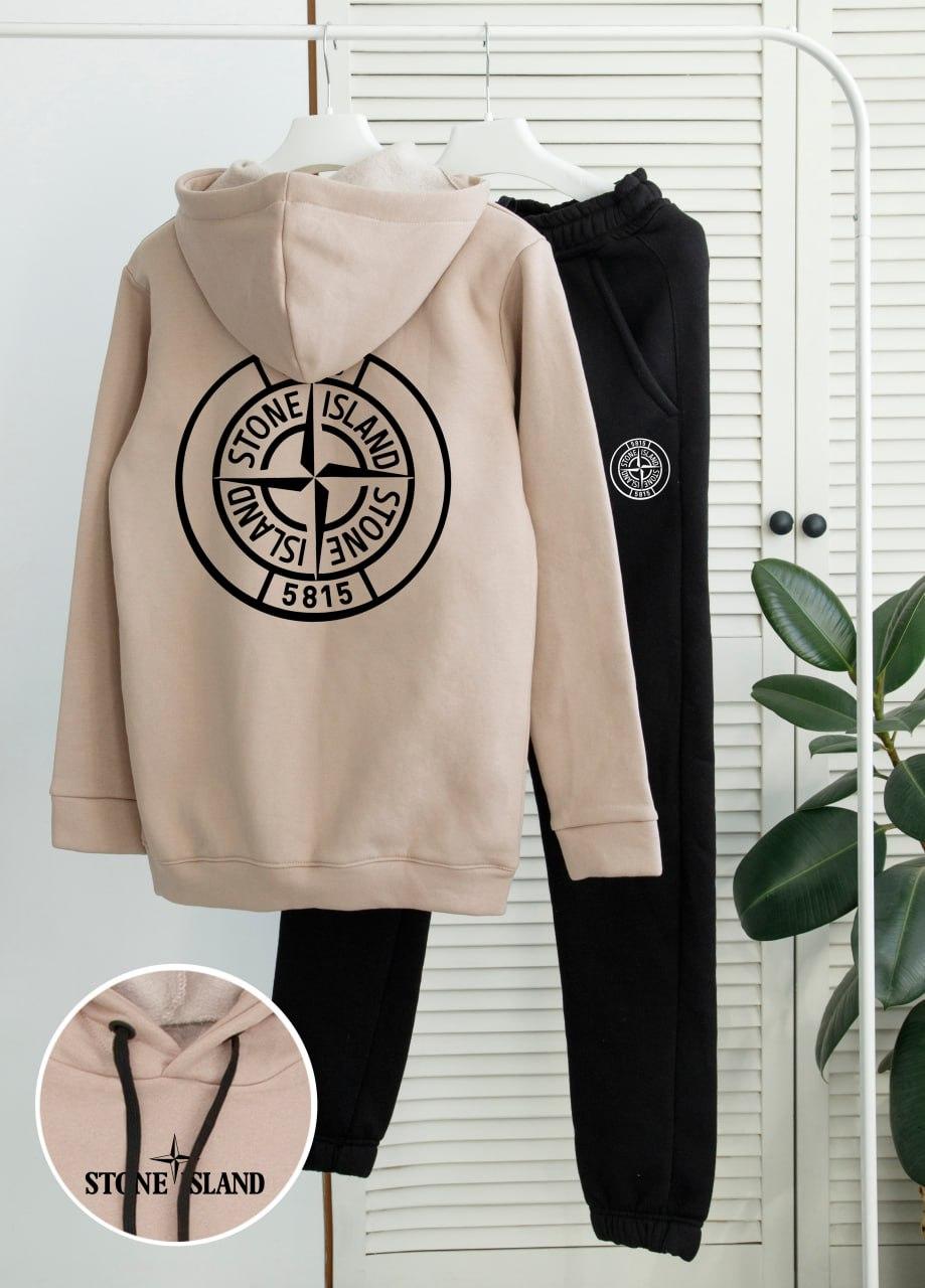 Теплий спортивний костюм чоловічий stone island fleece зимовий на флісі бежевий худі штани стоун айленд зима з начосом